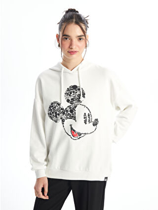 XSIDE Ekru Mickey Mouse Baskılı Oversize Kadın Kalın Hoodie