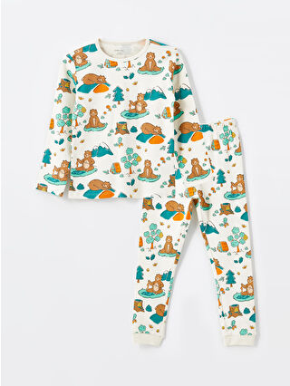 LC Waikiki Ekru Bisiklet Yaka Uzun Kollu Baskılı Erkek Bebek Pijama Takımı