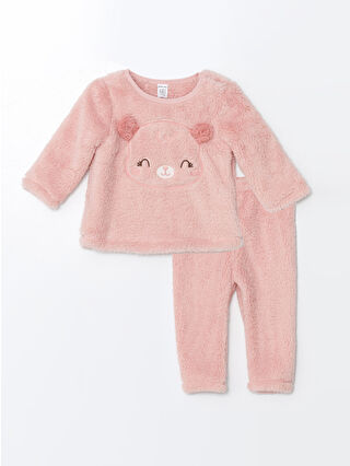 LC Waikiki Pembe Uzun Kollu Nakışlı Pelüş Kız Bebek Pijama Takımı