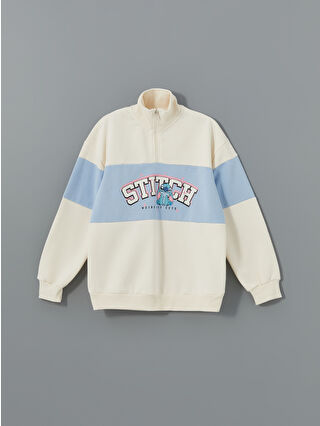 LC Waikiki Ekru Stitch Baskılı Polar Kız Çocuk Fermuarlı Sweatshirt