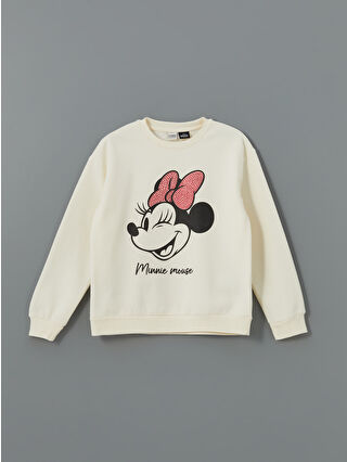 LC Waikiki Ekru Bisiklet Yaka Minnie Mouse Baskılı Kız Çocuk Kalın Sweatshirt