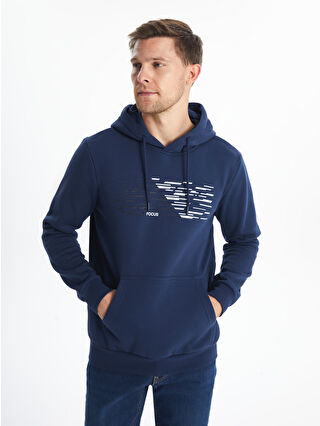 LC Waikiki İndigo Uzun Kollu Baskılı Erkek Kalın Hoodie