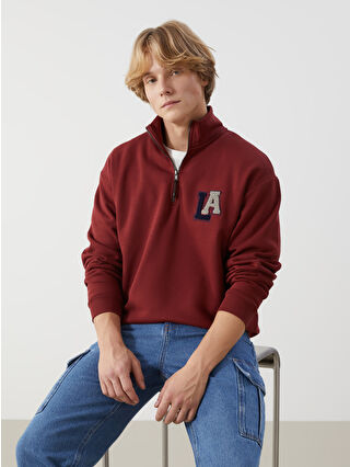 XSIDE Bordo Dik Yaka Uzun Kollu Nakışlı Erkek Sweatshirt