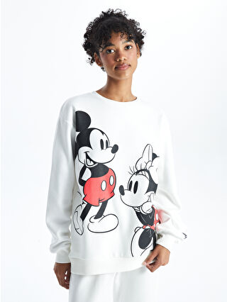 XSIDE Ekru Bisiklet Yaka Mickey ve Minnie Mouse Baskılı Oversize Kadın Kalın Sweatshirt