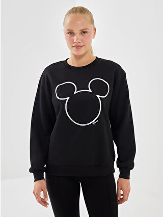 XSIDE Siyah Bisiklet Yaka Mickey Mouse Baskılı Oversize Kadın Kalın Sweatshirt