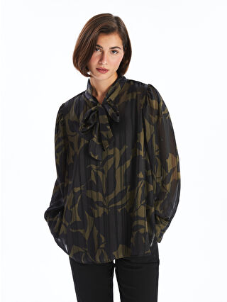 売れ筋商品|||カルバンクライン カットソー トップス レディース Petite Printed Long Sleeve Tie-Neck Blouse Navy/cream Calvin Klein Petite Printed Long Sleeve Tie-neck Blouse in