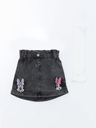 LC Waikiki Siyah Beli Lastikli Minnie Mouse Nakışlı Kız Bebek Jean Etek