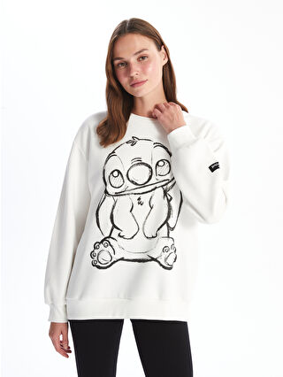 XSIDE Ekru Bisiklet Yaka Lilo & Stitch Baskılı Kadın Kalın Sweatshirt