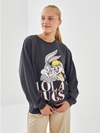 XSIDE Antrasit Bisiklet Yaka Bugs Bunny Baskılı Kadın Kalın Sweatshirt