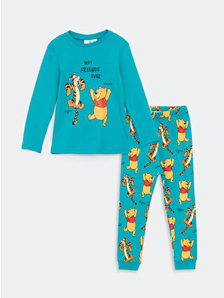 LC Waikiki Turkuaz Bisiklet Yaka Uzun Kollu Winnie the Pooh Baskılı Erkek Bebek Pijama Takımı