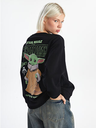 XSIDE Siyah Bisiklet Yaka The Mandalorian Baskılı Oversize Kadın Kalın Sweatshirt