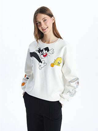 XSIDE Ekru Bisiklet Yaka Bugs Bunny Baskılı Oversize Kadın Kalın Sweatshirt