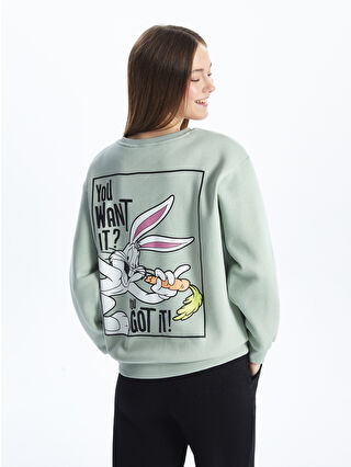 XSIDE Yeşil Bisiklet Yaka Bugs Bunny Baskılı Oversize Kadın Kalın Sweatshirt