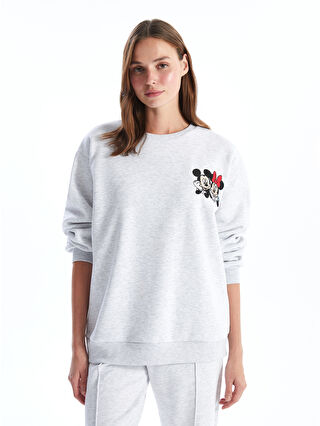 XSIDE Gri Bisiklet Yaka Mickey ve Minnie Mouse Baskılı Oversize Kadın Sweatshirt