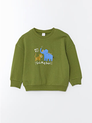 LC Waikiki Yeşil Bisiklet Yaka Baskılı Erkek Bebek Sweatshirt