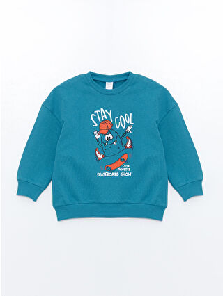 LC Waikiki Mavi Bisiklet Yaka Baskılı Erkek Bebek Sweatshirt