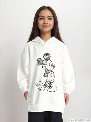 LC Waikiki Ekru Kapüşonlu Mickey Mouse Baskılı Uzun Kollu Kız Çocuk Sweatshirt