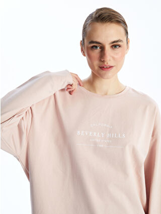 LC Waikiki Pembe Bisiklet Yaka Baskılı Oversize Kadın Sweatshirt