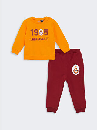 LC Waikiki Turuncu Bisiklet Yaka Galatasaray Baskılı Erkek Bebek Sweatshirt ve Eşofman Alt 2'li Takım