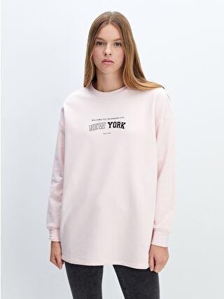 LC Waikiki Pembe Bisiklet Yaka Baskılı Oversize Kadın Sweatshirt Tunik