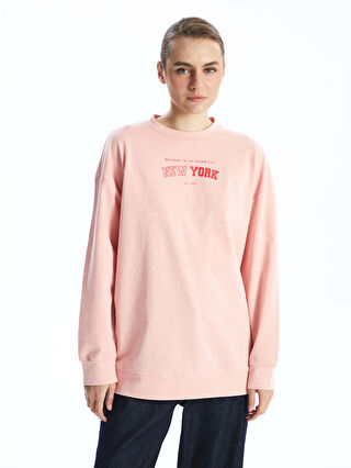 LC Waikiki Pembe Bisiklet Yaka Baskılı Oversize Kadın Sweatshirt Tunik