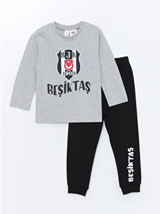 LC Waikiki Gri Bisiklet Yaka Beşiktaş Baskılı Uzun Kollu Erkek Bebek Pijama Takımı