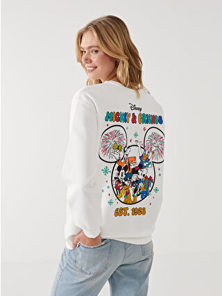 XSIDE Ekru Bisiklet Yaka Mickey ve Arkadaşları Baskılı Oversize Kadın Kalın Sweatshirt