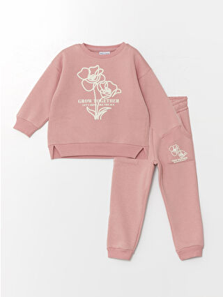 Mışıl Kids Pembe Bisiklet Yaka Uzun Kollu Baskılı Kız Bebek Sweatshirt ve Eşofman Alt 2'li Takım