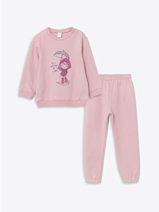 LC Waikiki Pembe Bisiklet Yaka Baskılı Kız Bebek Sweatshirt ve Eşofman Alt 2'li