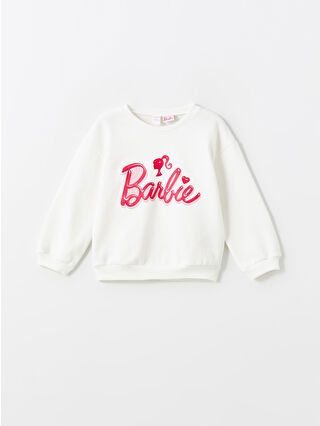 LC Waikiki Ekru Bisiklet Yaka Kalın Barbie Baskılı Kız Çocuk Sweatshirt