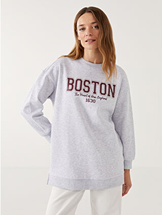 LC Waikiki Antrasit Bisiklet Yaka Boston Baskılı Kadın Kalın Sweatshirt Tunik