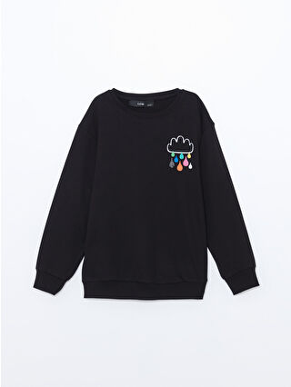 LC WAIKIKI Siyah Bisiklet Yaka Baskılı Kız Çocuk Sweatshirt