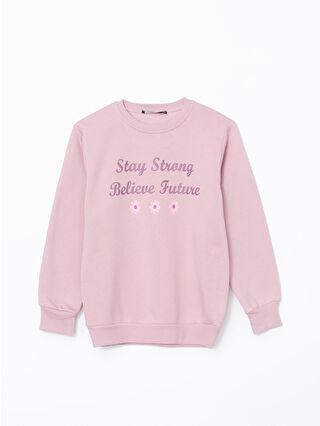 LC WAIKIKI Pembe Bisiklet Yaka Baskılı Kız Çocuk Sweatshirt