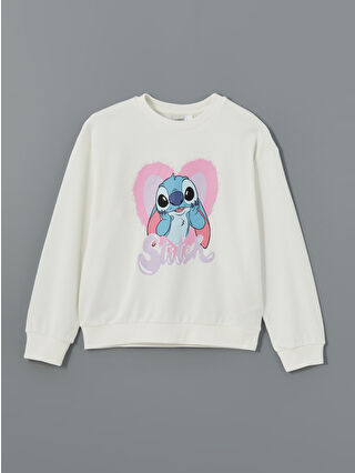 LC Waikiki Ekru Bisiklet Yaka Stitch Baskılı Kız Çocuk Kalın Sweatshirt