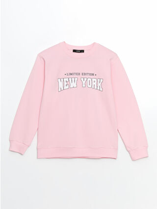 LC Waikiki Pembe Bisiklet Yaka Baskılı Kız Çocuk Sweatshirt