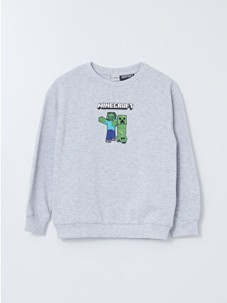 LC Waikiki Gri Bisiklet Yaka Minecraft Baskılı Erkek Çocuk Kalın Sweatshirt