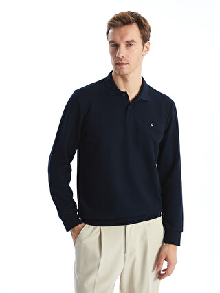 LCWAIKIKI Classic Lacivert Polo Yaka Uzun Kollu Erkek Sweatshirt