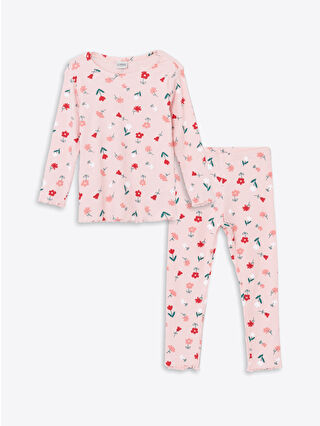 LC Waikiki Pembe Bisiklet Yaka Çiçekli Kız Çocuk Pijama Takımı