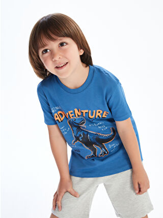 LCW Kids Mavi Bisiklet Yaka Dinozor Baskılı Erkek Çocuk Tişört ve