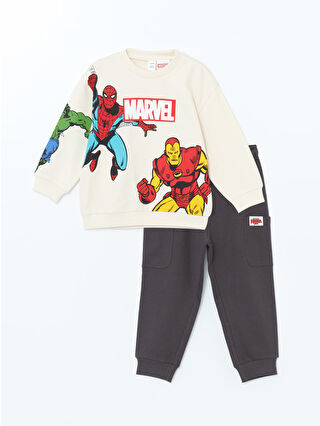 LC Waikiki Bej Bisiklet Yaka Spiderman Baskılı Erkek Çocuk Sweatshirt ve Eşofman Alt 2'li