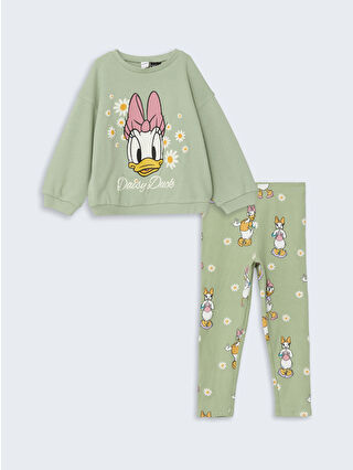 LC Waikiki Yeşil Daisy Duck Baskılı Kız Çocuk Sweatshirt ve Tayt 2'li