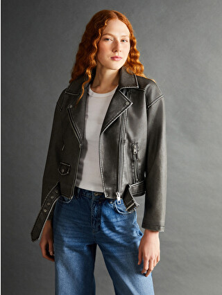 LCW Vision Biker Neck Women's Faux Leather Jacket - S57970Z8-KSL