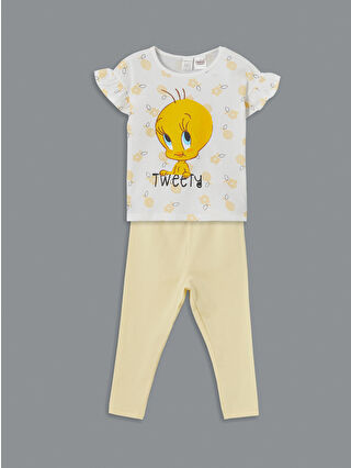 LC Waikiki Ekru Bisiklet Yaka Tweety Baskılı Kız Bebek Pijama Takımı