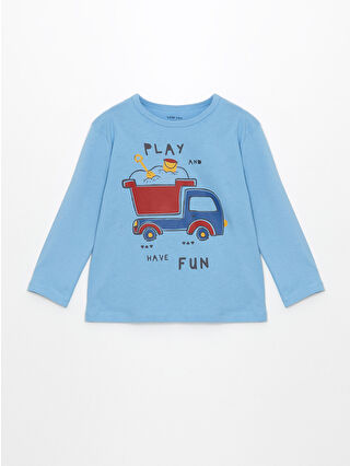 LCW baby Mavi Bisiklet Yaka Uzun Kollu Baskılı Erkek Bebek Tişört