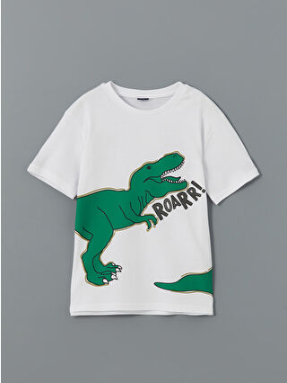 ゅぁϻɑϻ LCW ECO Beyaz Bisiklet Yaka Dinozor Baskılı Erkek Çocuk Tişört