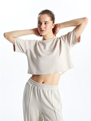 XSIDE ACTIVE Bej Bisiklet Yaka Crop Kadın Spor Tişört - S5K230Z8