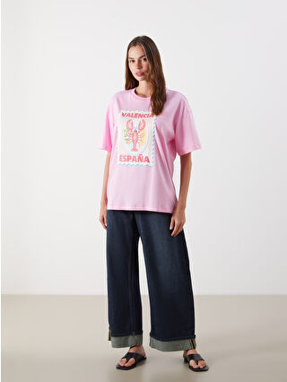 LCW Vision Pembe Valencia Baskılı Oversize Kadın Tişört - S5O213Z8