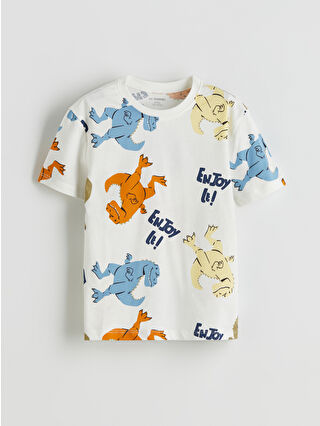 小物 355 LCW Kids Ekru Dinozor Baskılı Erkek Çocuk Tişört ve Şort 2'li