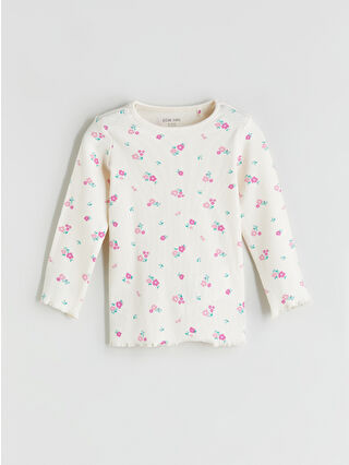 LCW baby Ekru Bisiklet Yaka Çiçekli Kız Bebek Pijama Takımı