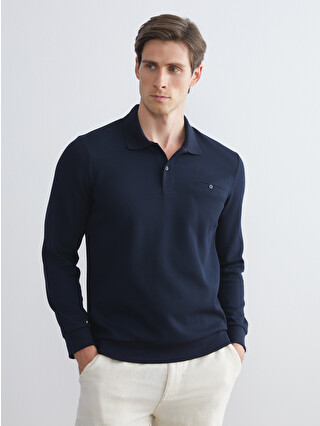LCWAIKIKI Classic Lacivert Polo Yaka Uzun Kollu Erkek Sweatshirt